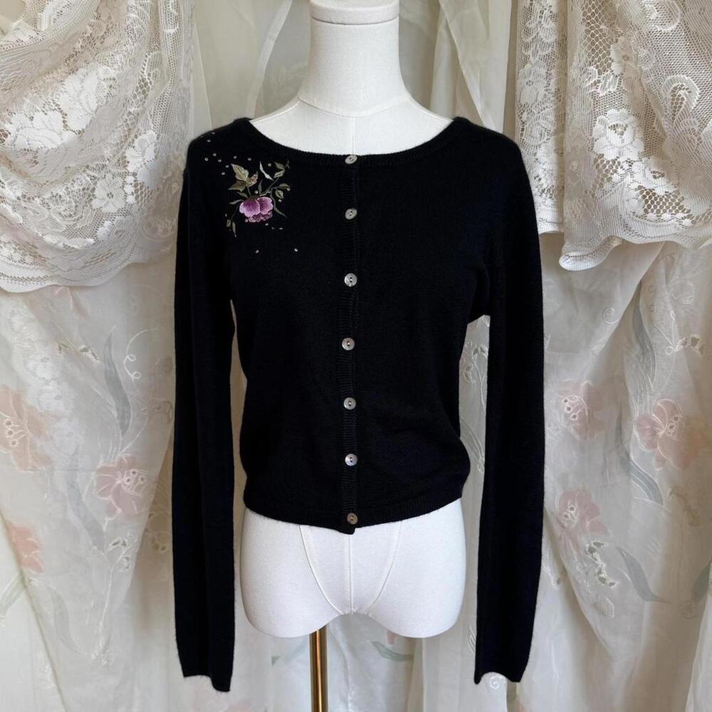 Deadstock Y2K La Coquette by Mandalay black cardigan with floral embellishment